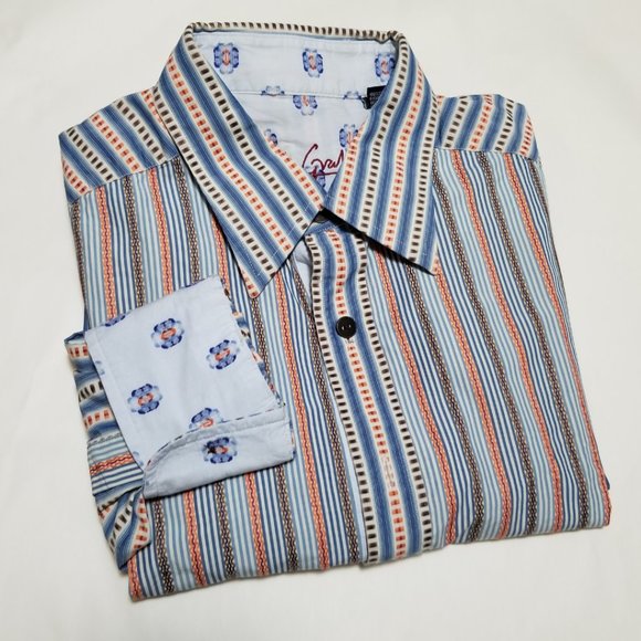 Robert Graham Blue & Orange Stripes Flip Cuff Dress Shirt - Picture 1 of 6